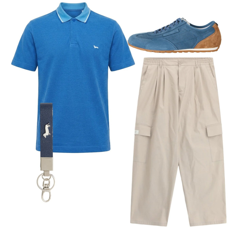 Outfit uomo - Total look. Stile Casual per Tutti i giorni. Abbinamento con pantaloni cargo, portachiavi, sneakers, polo.