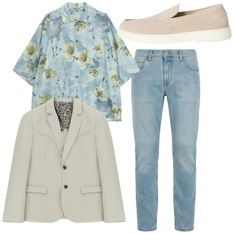 Outfit uomo - Total New Season. Stile Casual per Tutti i giorni. Abbinamento con giacche, camicie a manica corta, jeans slim fit, scarpe stringate.
