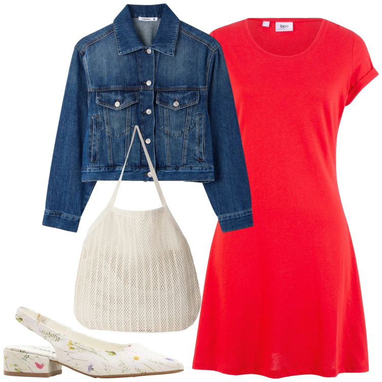 Outfit donna - “Rosso Vivace in Denim”. Stile Romantica per Tutti i giorni. Abbinamento con vestiti, décolleté, orecchini, cappotti, shopping bag, occhiali da sole.