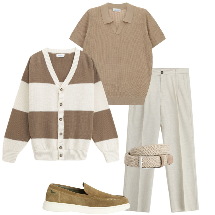 Outfit uomo - Outfit da brunch. Stile Casual per Tutti i giorni. Abbinamento con cardigans, pantaloni, t-shirt, cinture, scarpe stringate.