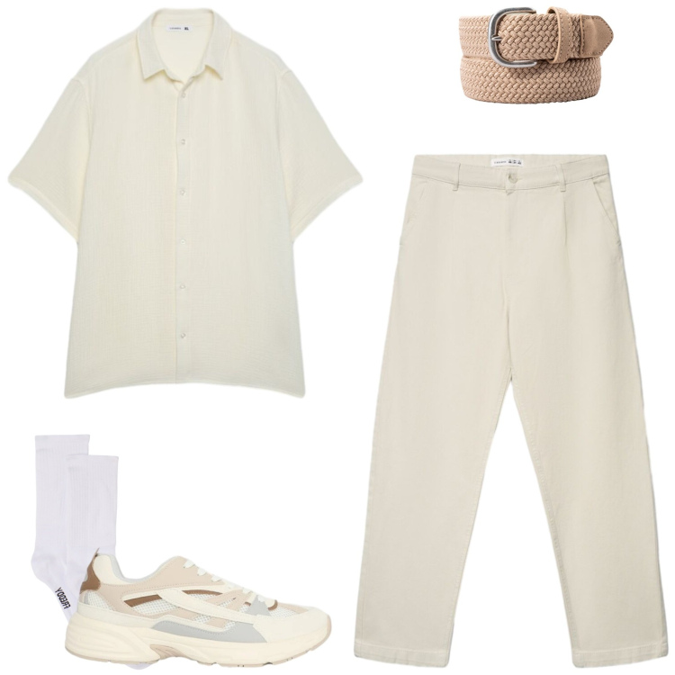Outfit uomo - Look monocromatico. Stile Casual per Tutti i giorni. Abbinamento con sneakers, pantaloni chino, camicie a manica corta, calzini, cinture.