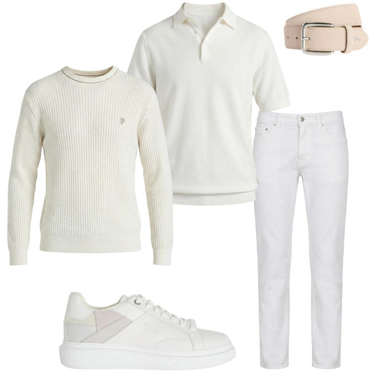 Outfit uomo - Look monocromatico. Stile Urban per Tutti i giorni. Abbinamento con sneakers, cinture, pantaloni, maglieria, polo.