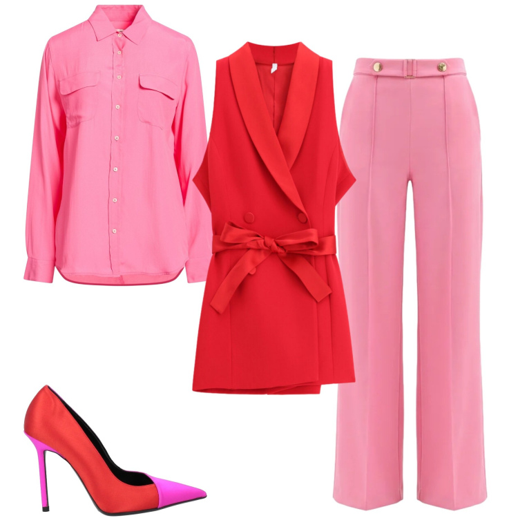 Outfit donna - Tendenza del color block. Stile Glamour per Serata fuori. Abbinamento con décolleté, camicie, pantaloni a palazzo, gilet.