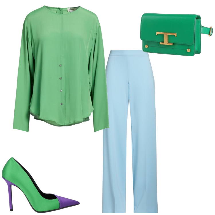 Outfit donna - La tendenza del color block. Stile Glamour per Serata fuori. Abbinamento con camicie, décolleté, pantaloni, marsupi.