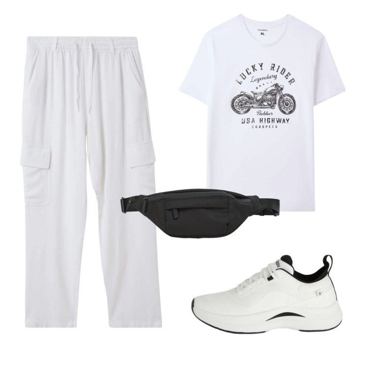 Outfit uomo - Brunch Minimal Street. Stile Trendy per Tutti i giorni. Abbinamento con t-shirt, pantaloni cargo, borse sportive, sneakers.