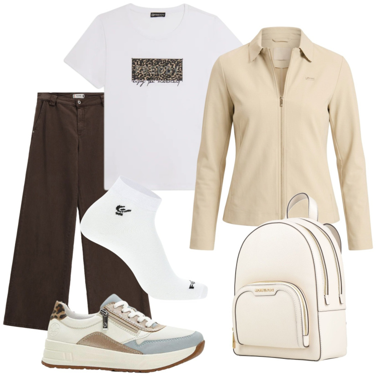Outfit donna - Total look #2402338. Stile Casual per Scuola/Università. Abbinamento con zaini, sneakers, pantaloni a palazzo, calzini, t-shirt, felpe.