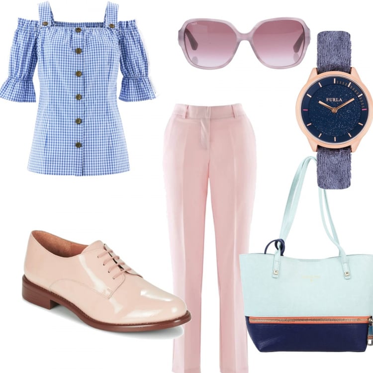 Outfit donna - Student day. Stile Chic per Scuola/Università. look ideale per Petite. Abbinamento con camicie a manica corta, pantalone elasticizzato rosa, occhiali da sole lenti sfumate tinta unita, borsa a spalla taglia media doppio manico interno sfoderato in pelle sintetica tinta unita, scarpe stringate, orologio in velluto.