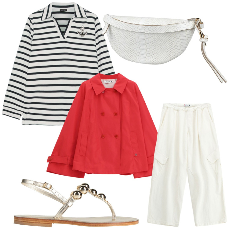 Outfit donna - Style nautico. Stile Trendy per Tutti i giorni. Abbinamento con marsupi, infradito, giacche, pantaloni a palazzo, polo.