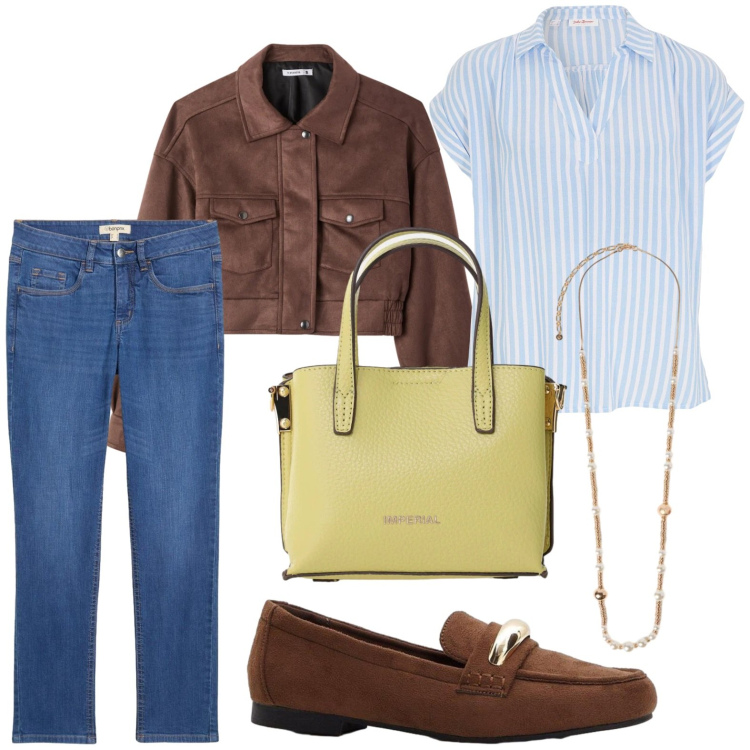 Outfit donna - Mocassini glam. Stile Casual per Tutti i giorni. Abbinamento con mocassini, jeans slim fit, bluse, bomber, borse a tracolla, collane.