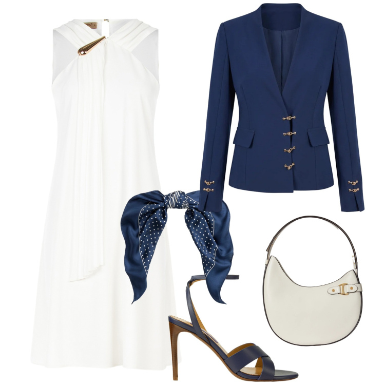 Outfit donna - Eleganza Blu Royale. Stile Chic per Cerimonia. Abbinamento con vestiti corti, blazer, foulard, borse a spalla, sandali col tacco.