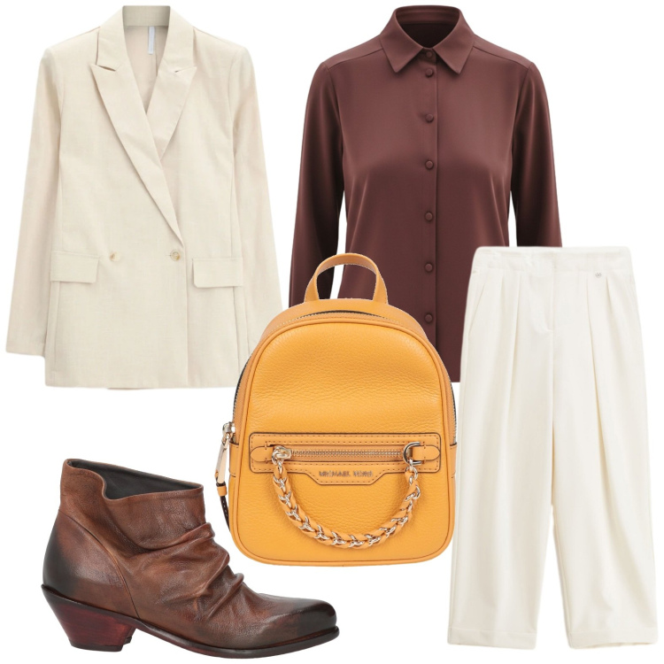 Outfit donna - Stile deciso. Stile Casual per Ufficio. Abbinamento con zaini, stivaletti texani, camicie, blazer, pantaloni.