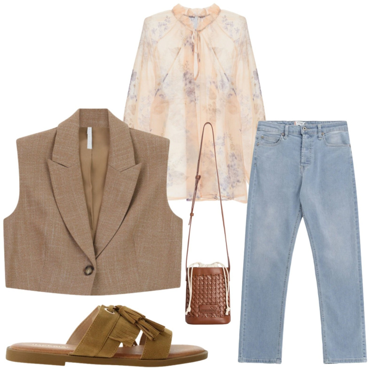 Outfit donna - Blazer mini. Stile Urban per Tutti i giorni. Abbinamento con bluse, gilet, sandali, borse a secchiello, jeans.