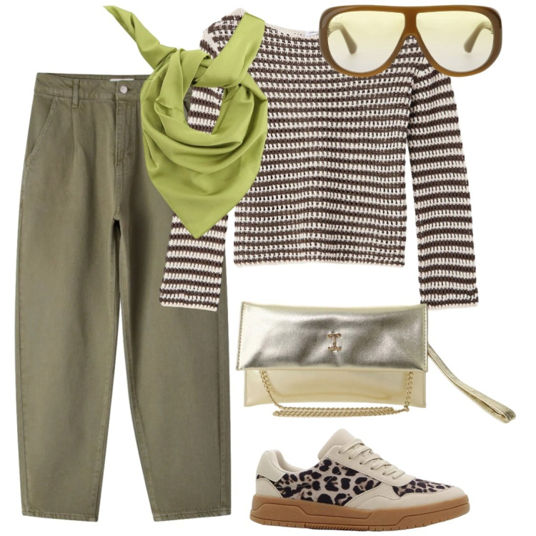 Outfit donna - Crochet. Stile Urban per Tutti i giorni. Abbinamento con sneakers, maglieria, pantaloni, borse a tracolla, occhiali da sole, foulard.