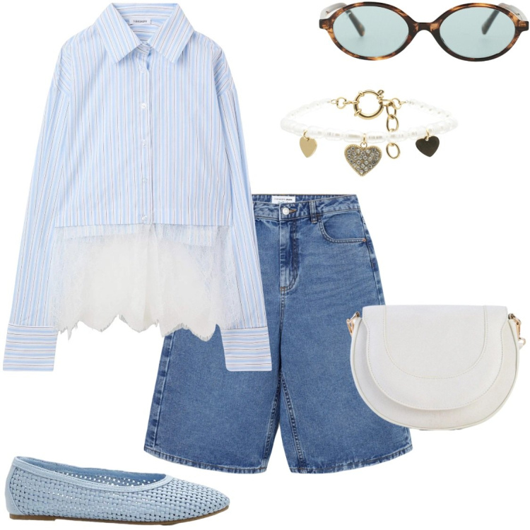 Outfit donna - Bermuda di jeans. Stile Trendy per Tutti i giorni. Abbinamento con ballerine, borse a tracolla, camicie, bermuda, occhiali da sole, braccialetti.