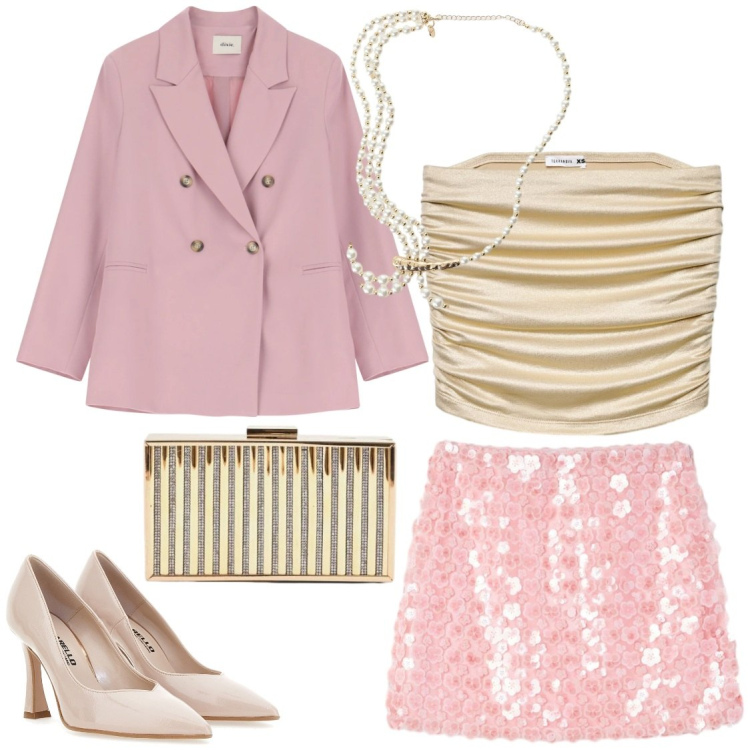 Outfit donna - Rosa glam. Stile Glamour per Cerimonia. Abbinamento con top, minigonne, clutch, blazer, collane, décolleté.
