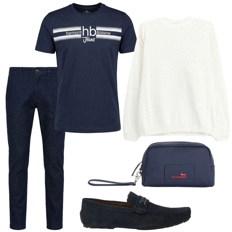 Outfit uomo - Brunch. Stile Trendy per Tutti i giorni. Abbinamento con maglieria, borse sportive, scarpe stringate, jeans, t-shirt.