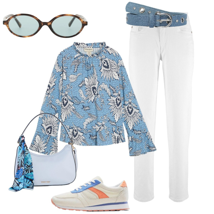 Outfit donna - Pomeriggio di maggio. Stile Casual chic per Tutti i giorni. Abbinamento con jeans mom, bluse, borse a mano, sneakers, cinture, occhiali da sole.
