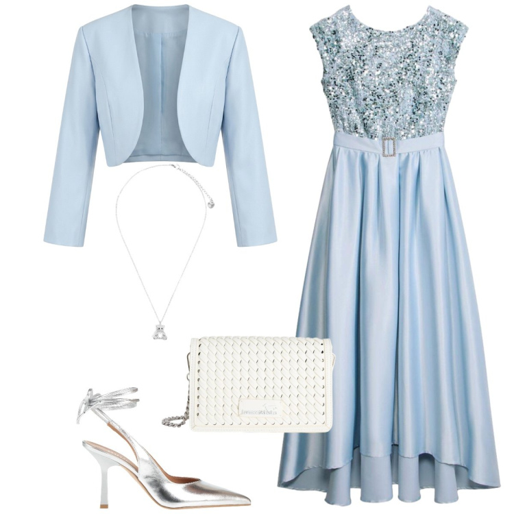 Outfit donna - Total look #2402444. Stile Glamour per Cerimonia. Abbinamento con décolleté, vestiti lunghi, borse a tracolla, bolero, ciondoli.