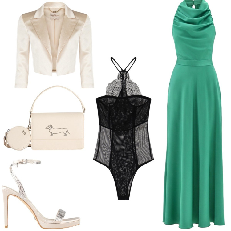 Outfit donna - Total look #2402445. Stile Chic per Cerimonia. Abbinamento con sandali col tacco, borse a tracolla, body, vestiti lunghi, bolero.