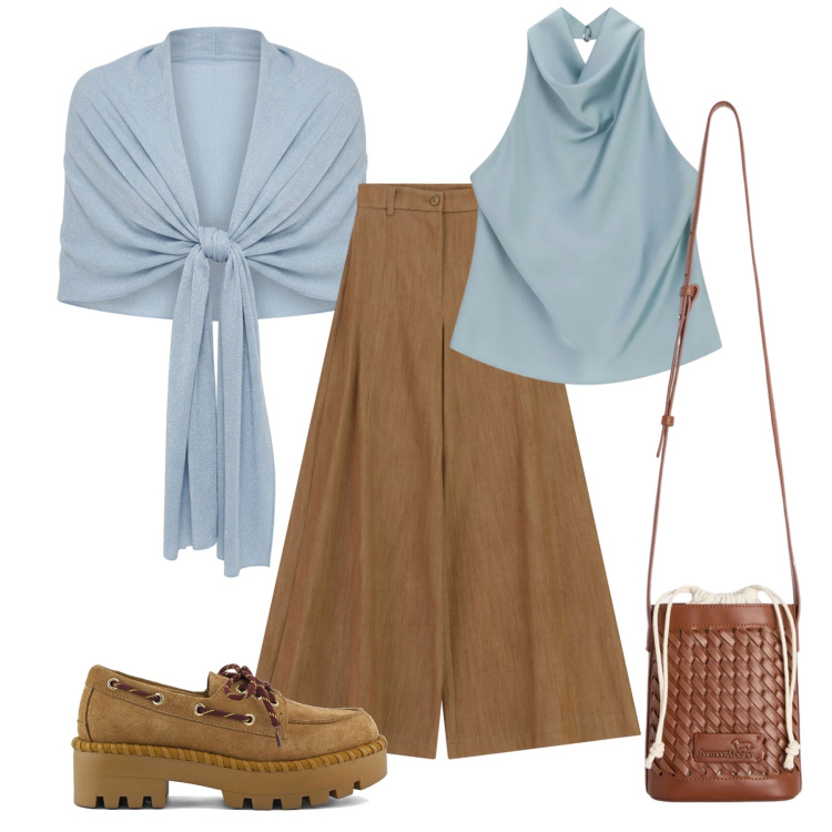 Outfit donna - Maggio. Stile Casual chic per Tutti i giorni. Abbinamento con stole, pantaloni a palazzo, top, borse a secchiello, mocassini.