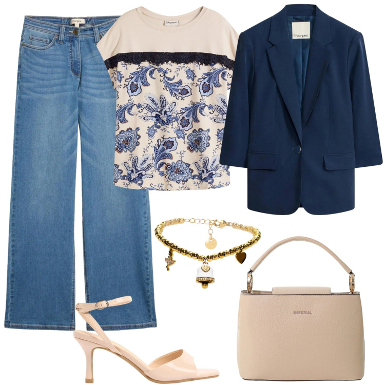 Outfit donna - Maggio in jeans e t-shirt. Stile Casual chic per Tutti i giorni. Abbinamento con t-shirt, jeans, sandali, blazer, borse a secchiello, braccialetti.