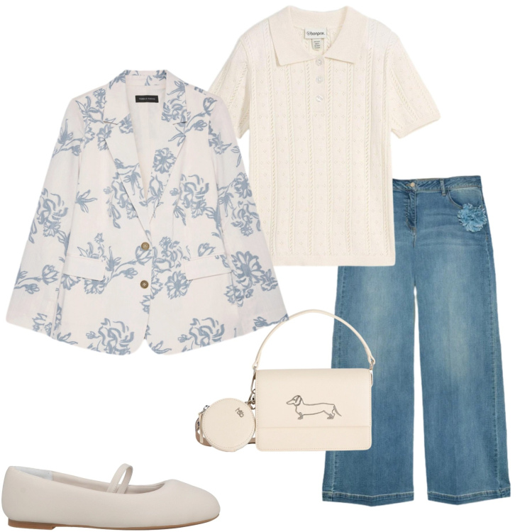 Outfit donna - Maggio mi vesto cosi. Stile Casual chic per Tutti i giorni. Abbinamento con ballerine, t-shirt, borse a tracolla, jeans, blazer.