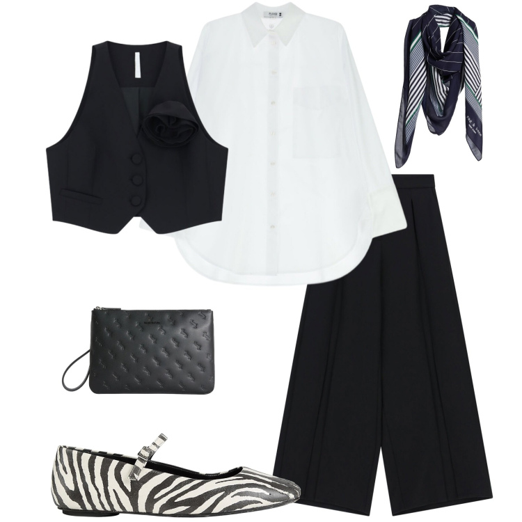 Outfit donna - Maggio mi vesto cosi. Stile Casual chic per Tutti i giorni. Abbinamento con ballerine, sciarpe, pantaloni a palazzo, gilet, anelli, camicie.