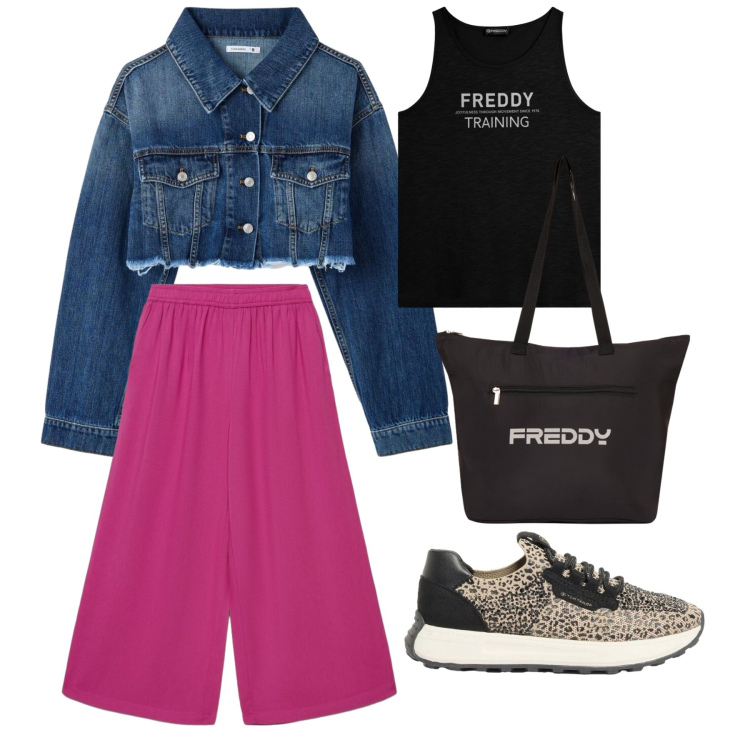 Outfit donna - Passeggiando in libertà. Stile Urban Abbinamento con sneakers, cappotti, pantaloni a palazzo, shopping bag, canottiere.