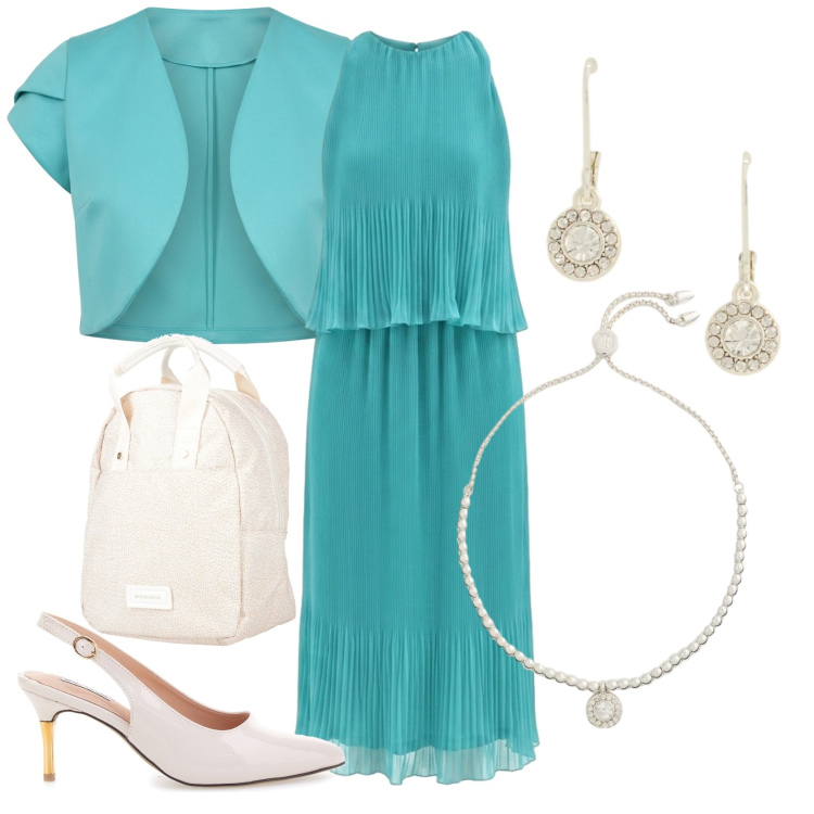 Outfit donna - Verso il tableau. Stile Chic per Cerimonia. Abbinamento con zaini, vestiti midi/longuette, bolero, braccialetti, orecchini, décolleté.