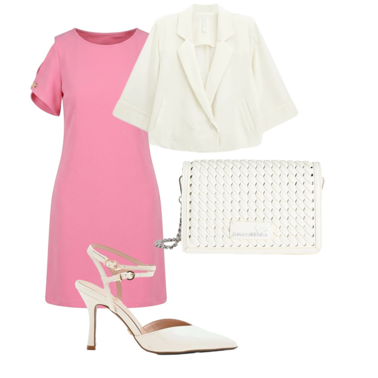 Outfit donna - Predominio di bianco. Stile Chic Abbinamento con vestiti corti, décolleté, blazer, borse a tracolla.