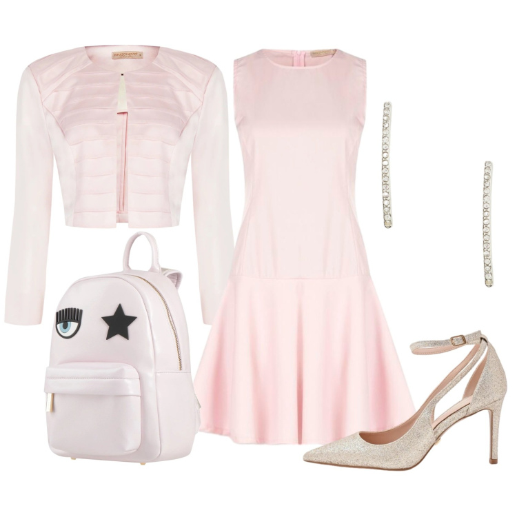 Outfit donna - Confetto time. Stile Chic per Cerimonia. Abbinamento con zaini, vestiti corti, décolleté, bolero, orecchini.