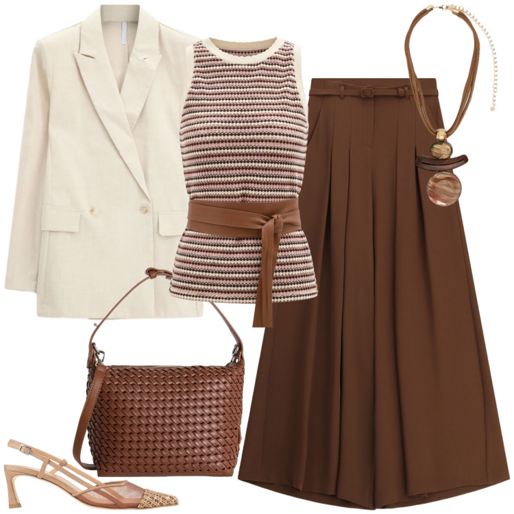 Outfit donna - Happy May Stile. Stile Casual per Tutti i giorni. Abbinamento con décolleté, canottiere, pantaloni a palazzo, blazer, borse a spalla, ciondoli.