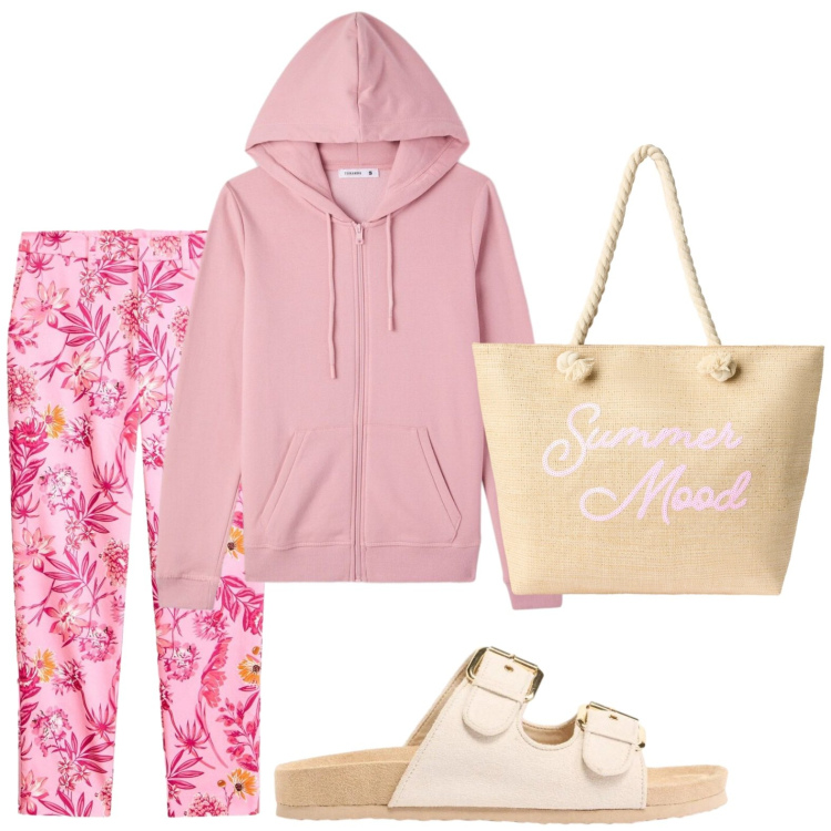 Outfit donna - Minimal. Stile Glamour per Tutti i giorni. Abbinamento con ciabatte, pantaloni, borse tote, felpe con cappuccio.