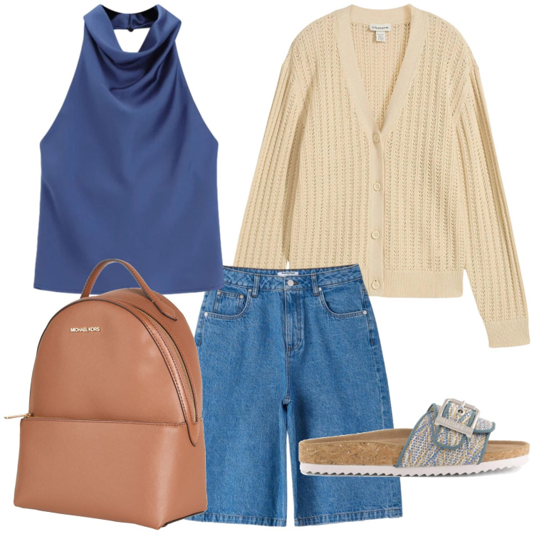 Outfit donna - Zaino moderno. Stile Casual per Tutti i giorni. Abbinamento con zaini, cardigans, bermuda, top, sandali.