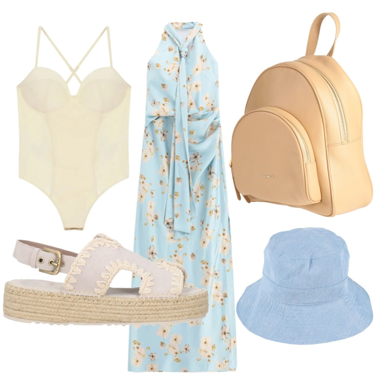 Outfit donna - Estate glamour. Stile Chic per Tutti i giorni. Abbinamento con zaini, cappelli, espadrillas, vestiti lunghi, body.