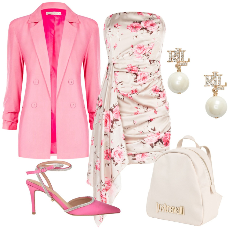 Outfit donna - Cerimonia all\'aperto. Stile Chic per Cerimonia. Abbinamento con décolleté, zaini, vestiti corti, blazer, orecchini.