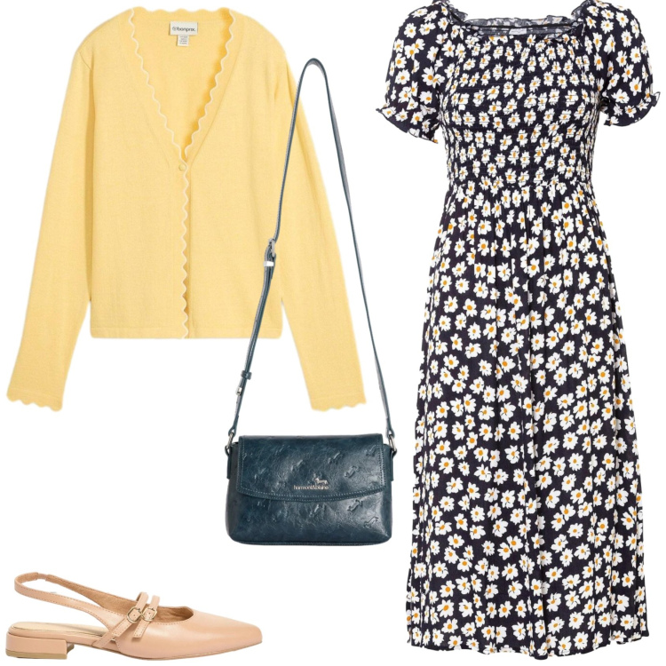 Outfit donna - Look da giornata all\'aperto. Stile Bon Ton per Tutti i giorni. Abbinamento con vestiti, cardigans, ballerine, borse a tracolla.