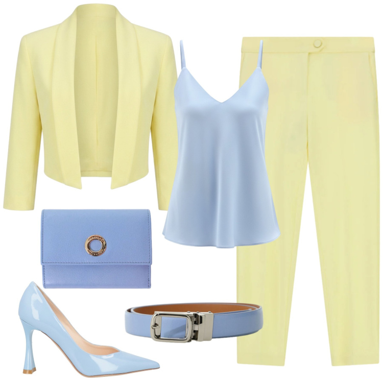 Outfit donna - light colors. Stile Casual chic per Ufficio. Abbinamento con décolleté, bolero, top, pantaloni, portafogli, cinture.