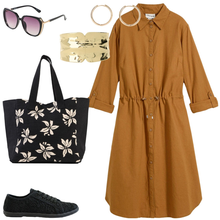 Outfit donna - Per una giornata all\'aria aperta. Stile Casual chic per Tutti i giorni. Abbinamento con vestiti chemisier, orecchini, shopping bag, sneakers, occhiali da sole, braccialetti.