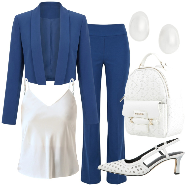 Outfit donna - Aperitivo a buffet. Stile Chic per Cerimonia. Abbinamento con zaini, décolleté, bolero, top, pantaloni, orecchini.