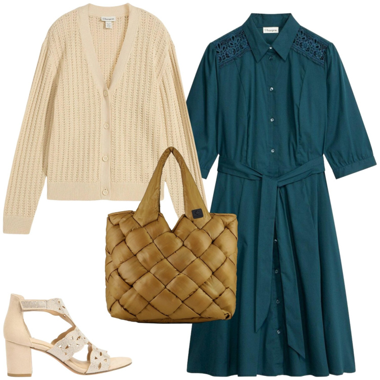 Outfit donna - Per una giornata all\'aperto. Stile Casual chic per Tutti i giorni. Abbinamento con cardigans, vestiti chemisier, sandali col tacco, borse tote.