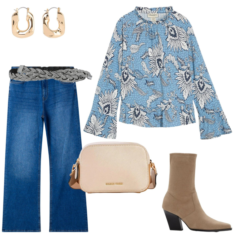 Outfit donna - Casual per una giornata all\'aperto. Stile Casual per Tutti i giorni. Abbinamento con bluse, orecchini, stivaletti, borse a tracolla, cinture, jeans a zampa.