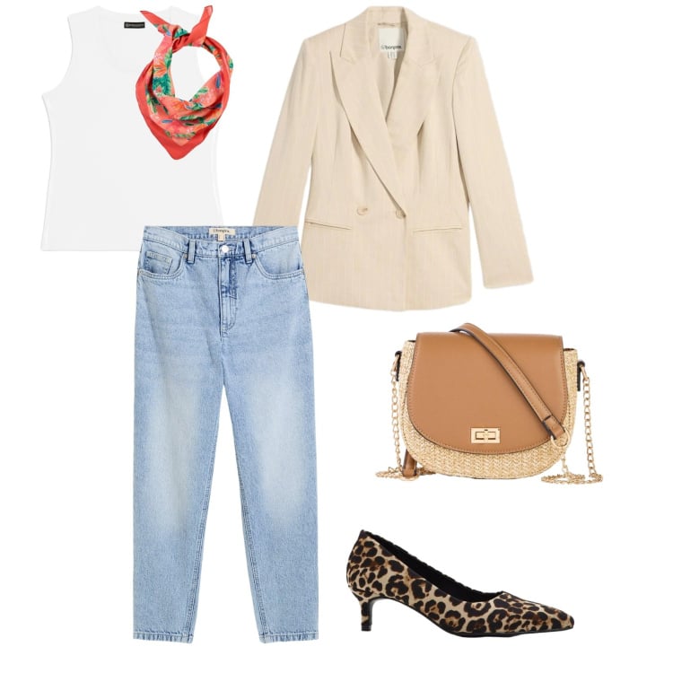Outfit donna - Casual. per Tutti i giorni. Abbinamento con décolleté, jeans mom, blazer, foulard, borse a tracolla, canottiere.