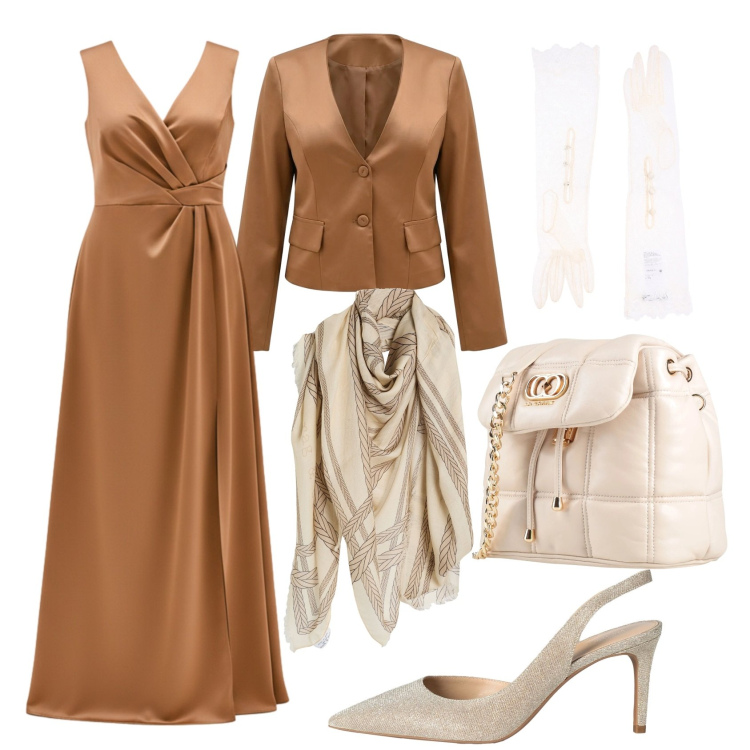 Outfit donna - Per la premiere. Stile Chic per Serata fuori. Abbinamento con guanti, décolleté, sciarpe, valigie, vestiti lunghi, blazer.