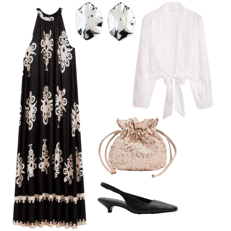 Outfit donna - Cresima. per Cerimonia. Abbinamento con kimono, décolleté, vestiti lunghi, orecchini, pochette.