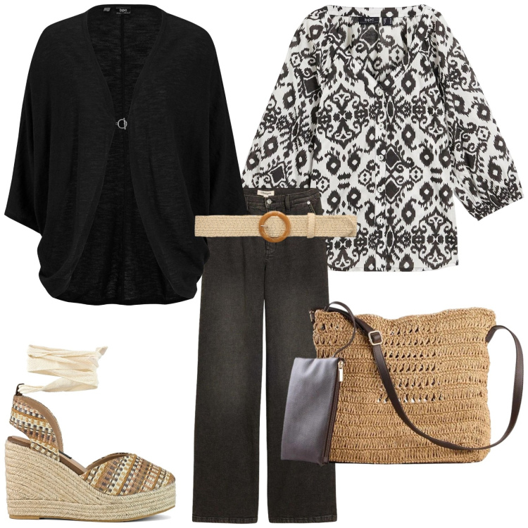 Outfit donna - Giornata all\'aperto. Stile Boho per Tutti i giorni. Abbinamento con borse a tracolla, cardigans, jeans dritti, camicie, cinture, zeppe.
