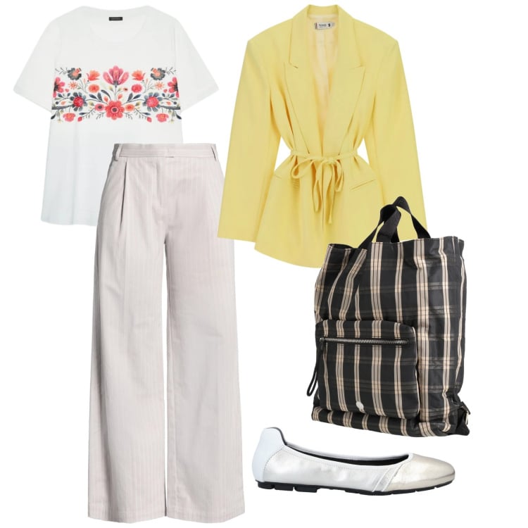 Outfit donna - Maggio. per Tutti i giorni. Abbinamento con pantaloni, ballerine, zaini, blazer, t-shirt.