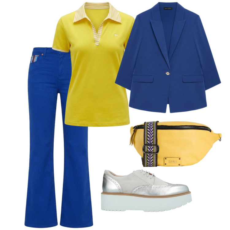 Outfit donna - Color block. per Ufficio. Abbinamento con marsupi, scarpe stringate, polo, pantaloni, blazer.