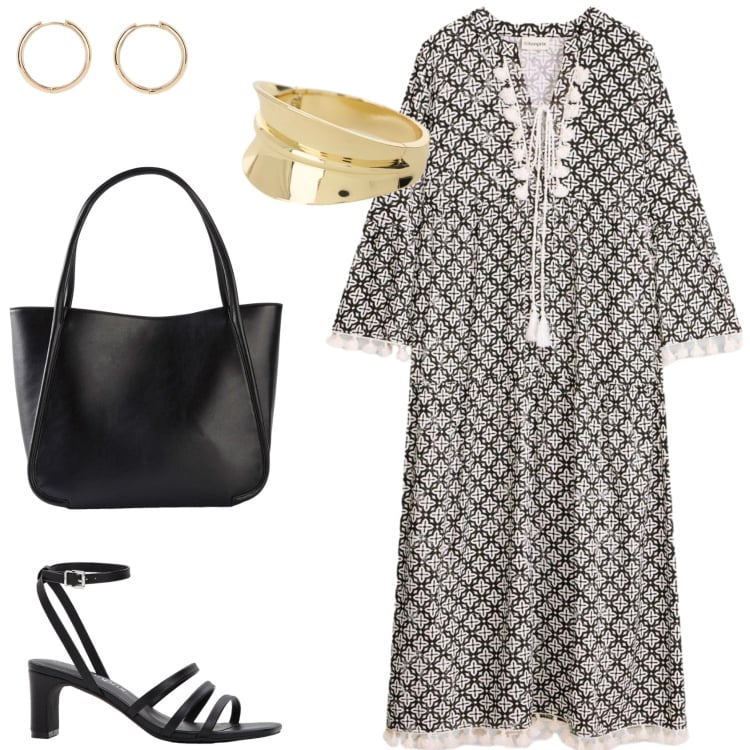 Outfit donna - L\'abito-tunica. Stile Basic per Tutti i giorni. Abbinamento con shopping bag, orecchini, sandali col tacco, vestiti lunghi, braccialetti.