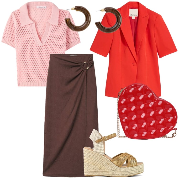 Outfit donna - Color block. per Ufficio. Abbinamento con blazer, orecchini, polo, borse a tracolla, gonne lunghe, zeppe.